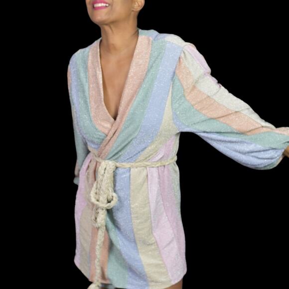 Aura Pastel Shimmer Dress Pink Sparkle Rainbow Wrap Metallic Jersey Mini Small - Picture 1 of 14